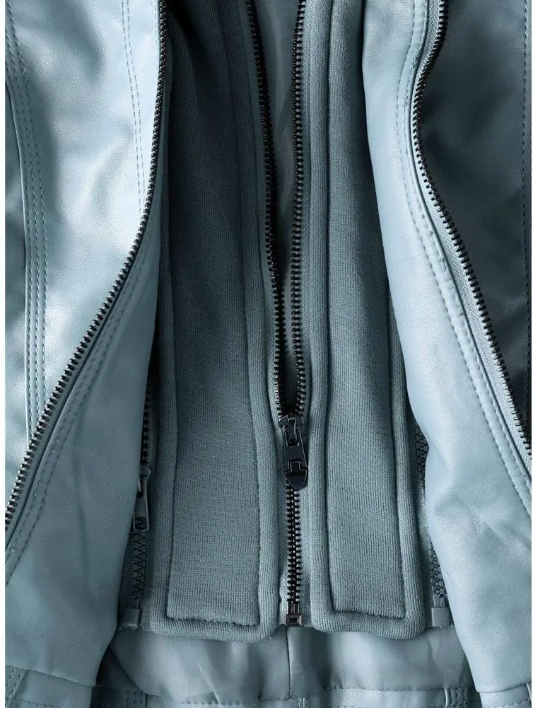 Faux Leather Jacket for Women Casual Moto Biker Jacket Quilted Full-Zip Coat