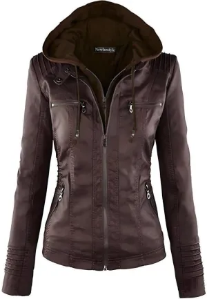 Faux Leather Jacket for Women Casual Moto Biker Jacket Quilted Full-Zip Coat