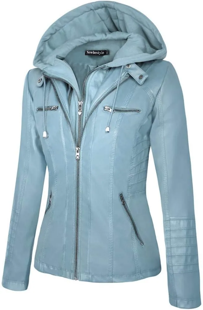 Faux Leather Jacket for Women Casual Moto Biker Jacket Quilted Full-Zip Coat