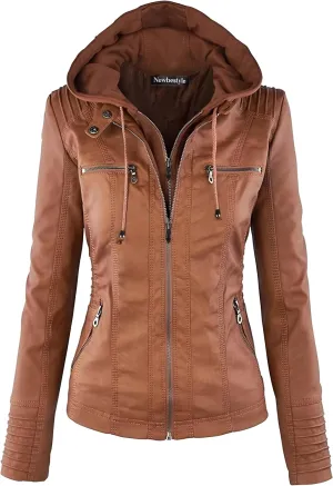 Faux Leather Jacket for Women Casual Moto Biker Jacket Quilted Full-Zip Coat