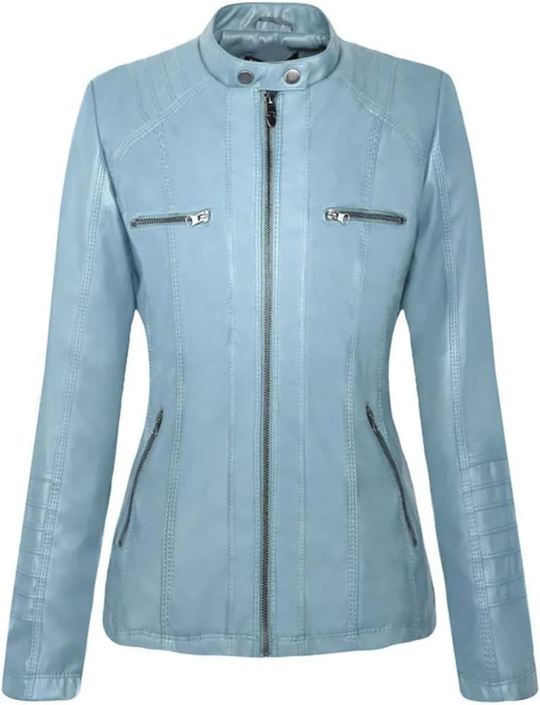 Faux Leather Jacket for Women Casual Moto Biker Jacket Quilted Full-Zip Coat