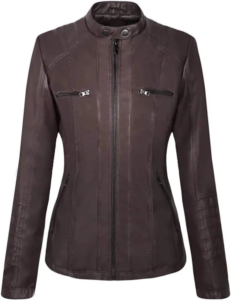 Faux Leather Jacket for Women Casual Moto Biker Jacket Quilted Full-Zip Coat