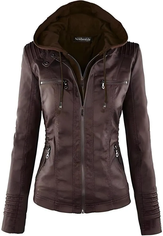 Faux Leather Jacket for Women Casual Moto Biker Jacket Quilted Full-Zip Coat