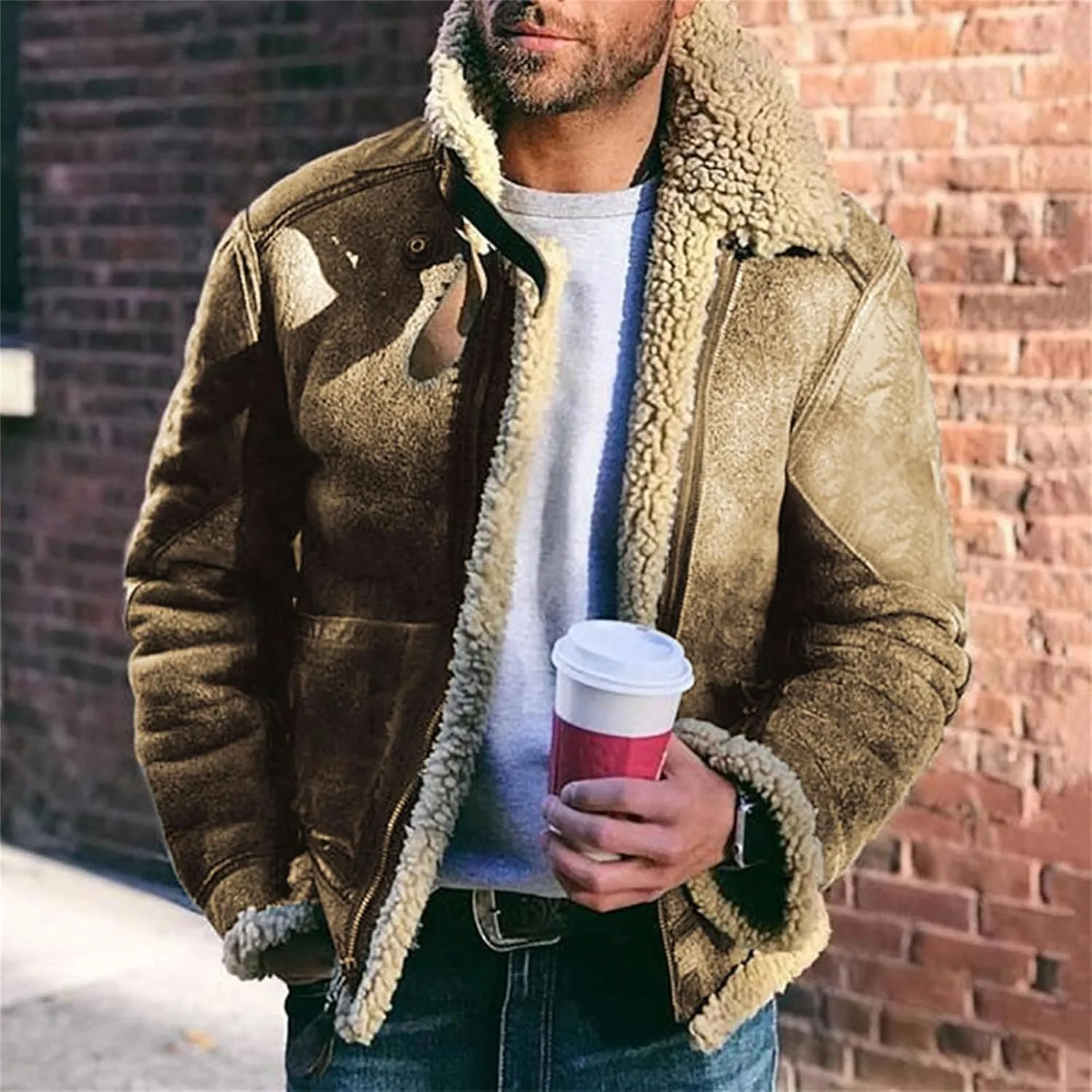 Faux Leather Jacket Men Suede Faux Fur Collar Jacket Outwear Warm Winter Coat Casual Lapel Sherpa Lined Overcoat