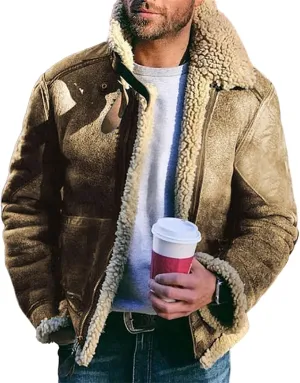 Faux Leather Jacket Men Suede Faux Fur Collar Jacket Outwear Warm Winter Coat Casual Lapel Sherpa Lined Overcoat