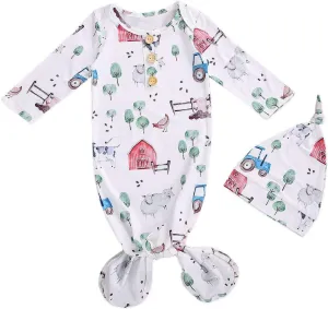 FIOMVA Newborn Baby Girl Boy Nightgowns Organic Cotton Gowns Knotted Sleeping Bag with Hat Coming Home Outfit for Unisex Baby