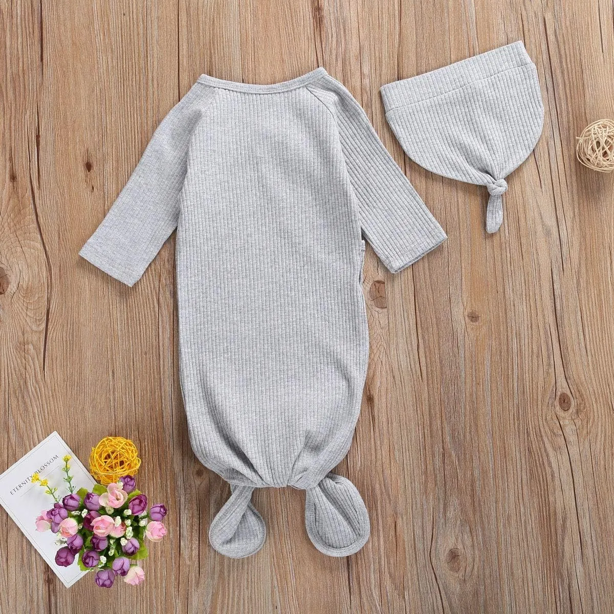 FIOMVA Newborn Baby Girl Boy Nightgowns Organic Cotton Gowns Knotted Sleeping Bag with Hat Coming Home Outfit for Unisex Baby