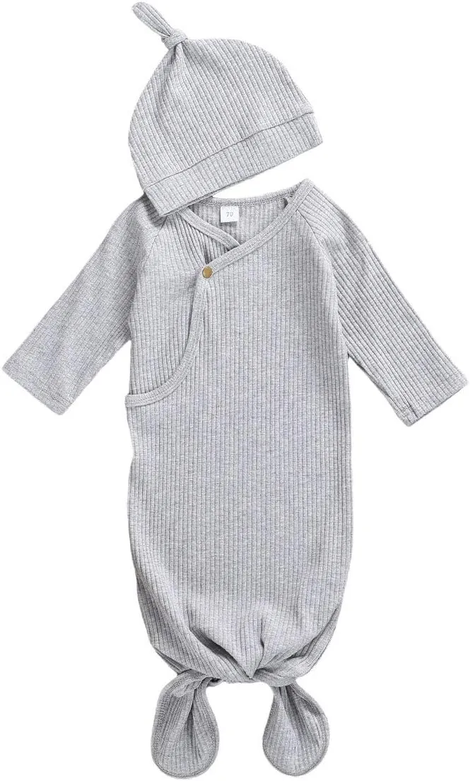 FIOMVA Newborn Baby Girl Boy Nightgowns Organic Cotton Gowns Knotted Sleeping Bag with Hat Coming Home Outfit for Unisex Baby