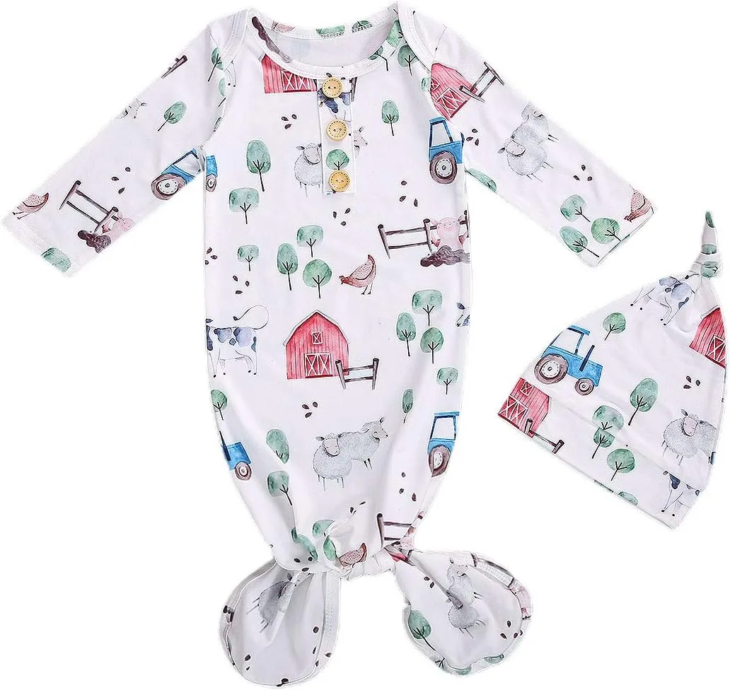 FIOMVA Newborn Baby Girl Boy Nightgowns Organic Cotton Gowns Knotted Sleeping Bag with Hat Coming Home Outfit for Unisex Baby
