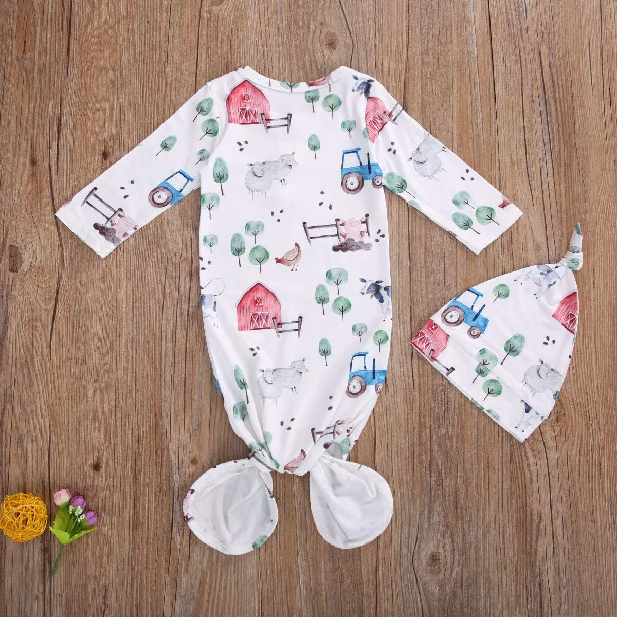 FIOMVA Newborn Baby Girl Boy Nightgowns Organic Cotton Gowns Knotted Sleeping Bag with Hat Coming Home Outfit for Unisex Baby