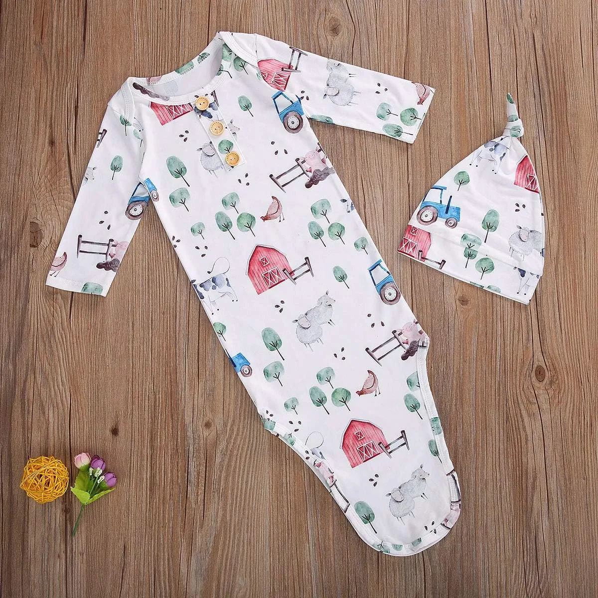 FIOMVA Newborn Baby Girl Boy Nightgowns Organic Cotton Gowns Knotted Sleeping Bag with Hat Coming Home Outfit for Unisex Baby