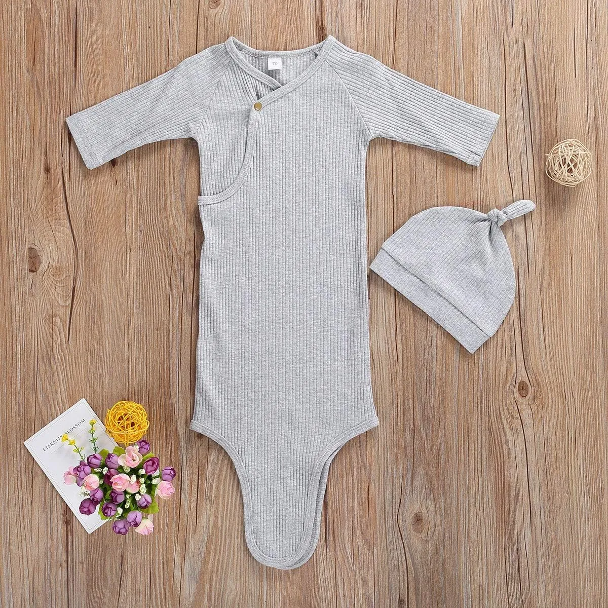 FIOMVA Newborn Baby Girl Boy Nightgowns Organic Cotton Gowns Knotted Sleeping Bag with Hat Coming Home Outfit for Unisex Baby