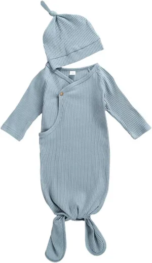FIOMVA Newborn Baby Girl Boy Nightgowns Organic Cotton Gowns Knotted Sleeping Bag with Hat Coming Home Outfit for Unisex Baby