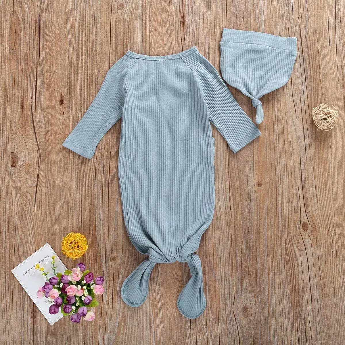 FIOMVA Newborn Baby Girl Boy Nightgowns Organic Cotton Gowns Knotted Sleeping Bag with Hat Coming Home Outfit for Unisex Baby