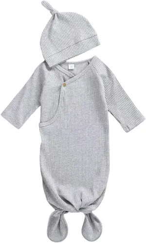 FIOMVA Newborn Baby Girl Boy Nightgowns Organic Cotton Gowns Knotted Sleeping Bag with Hat Coming Home Outfit for Unisex Baby
