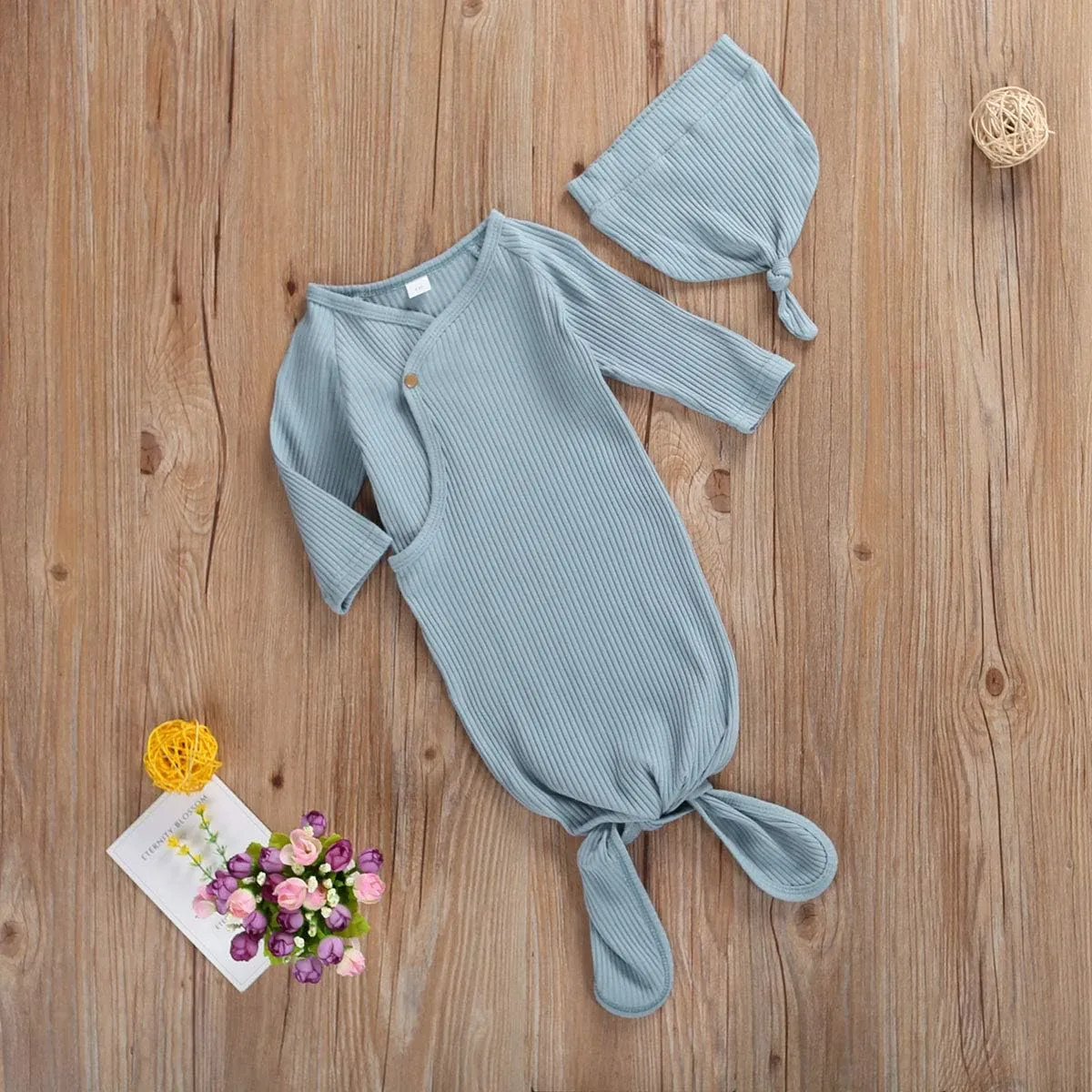FIOMVA Newborn Baby Girl Boy Nightgowns Organic Cotton Gowns Knotted Sleeping Bag with Hat Coming Home Outfit for Unisex Baby