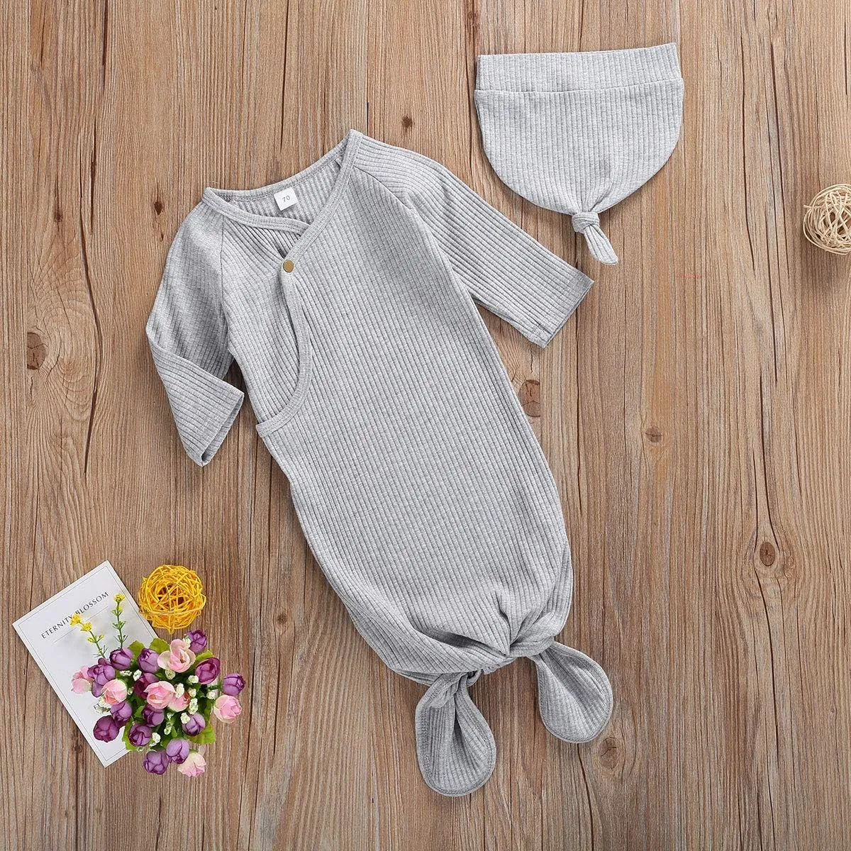 FIOMVA Newborn Baby Girl Boy Nightgowns Organic Cotton Gowns Knotted Sleeping Bag with Hat Coming Home Outfit for Unisex Baby