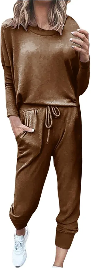 Firzero Plus Size Lounge Sets for Women 2024 Fall Two Piece Outfit Long Sleeve Crewneck Pullover Tops Long Pants Tracksuit
