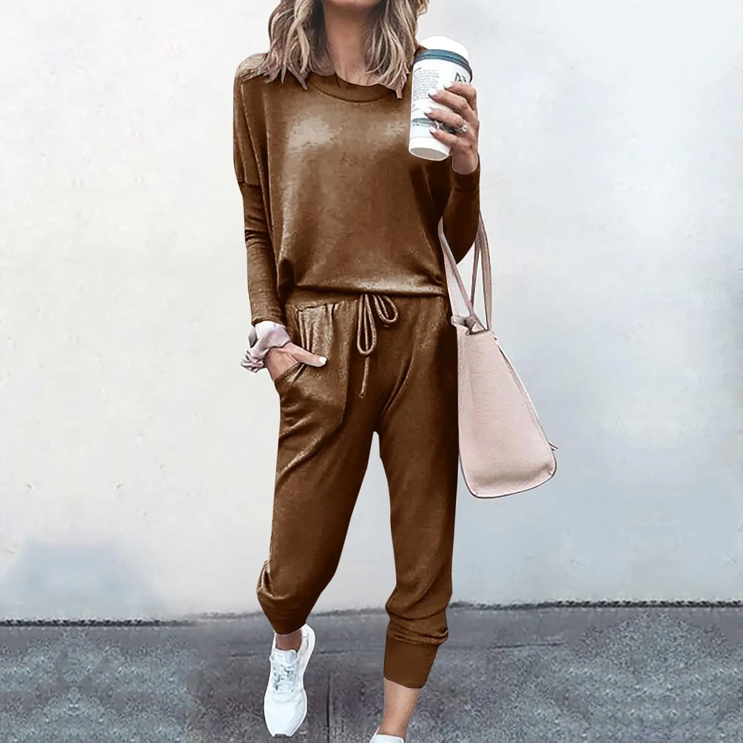 Firzero Plus Size Lounge Sets for Women 2024 Fall Two Piece Outfit Long Sleeve Crewneck Pullover Tops Long Pants Tracksuit