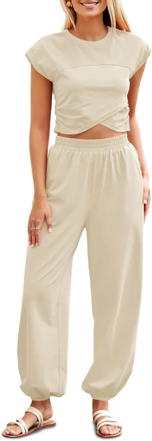 Fisoew Women's Two Piece Outfits Casual Lounge Sets Crop Tops and Joggers Tracksuit with Pockets, Medium, Beige