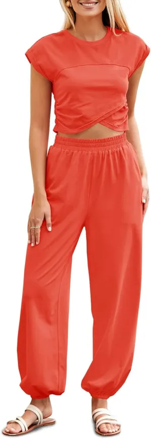 Fisoew Women's Two Piece Outfits Casual Lounge Sets Crop Tops and Joggers Tracksuit with Pockets, Small, Coral