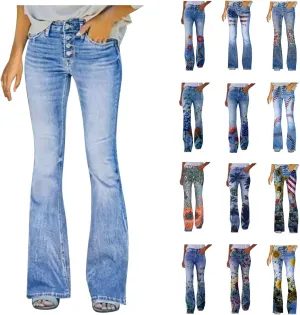 Floral Bell Bottom Pants for Women High Waisted Plus Size Stretch Jean 1990s Button Up Black Slim Flare Denim Juniors Flap Pocket Side Aesthetic Clothes