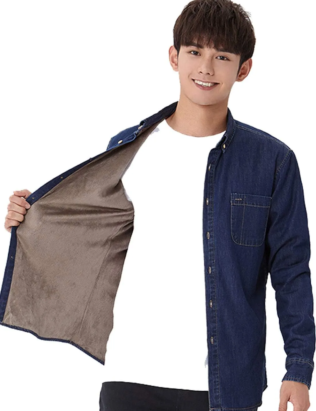 Flygo Casual Men's Long Sleeve Fleece Sherpa Lined Denim Shirt Jacket