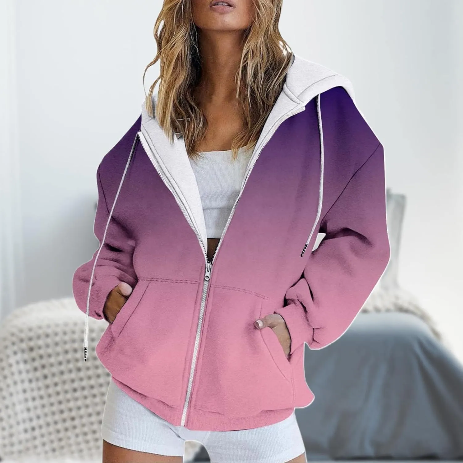Full Zip Hoodies with Zipper Pocket Sweatshirt Casual Drawstring Clothing Zipper Track Hoodies Sweater Fashion
