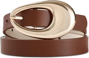 Genuine Leather Belt for Women Brown Leather With Smooth Oval Gold Metal Buckle Luxury Casual Fashion Belts