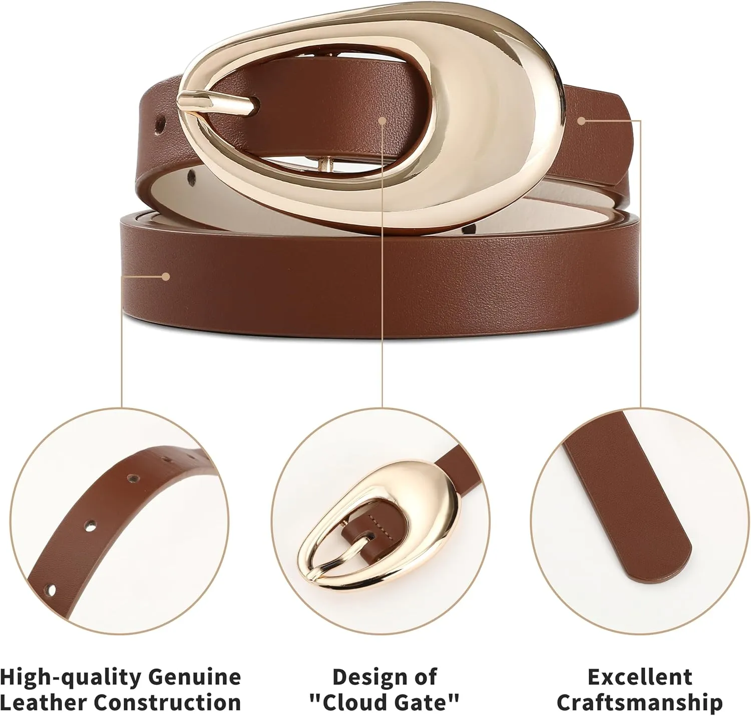 Genuine Leather Belt for Women Brown Leather With Smooth Oval Gold Metal Buckle Luxury Casual Fashion Belts