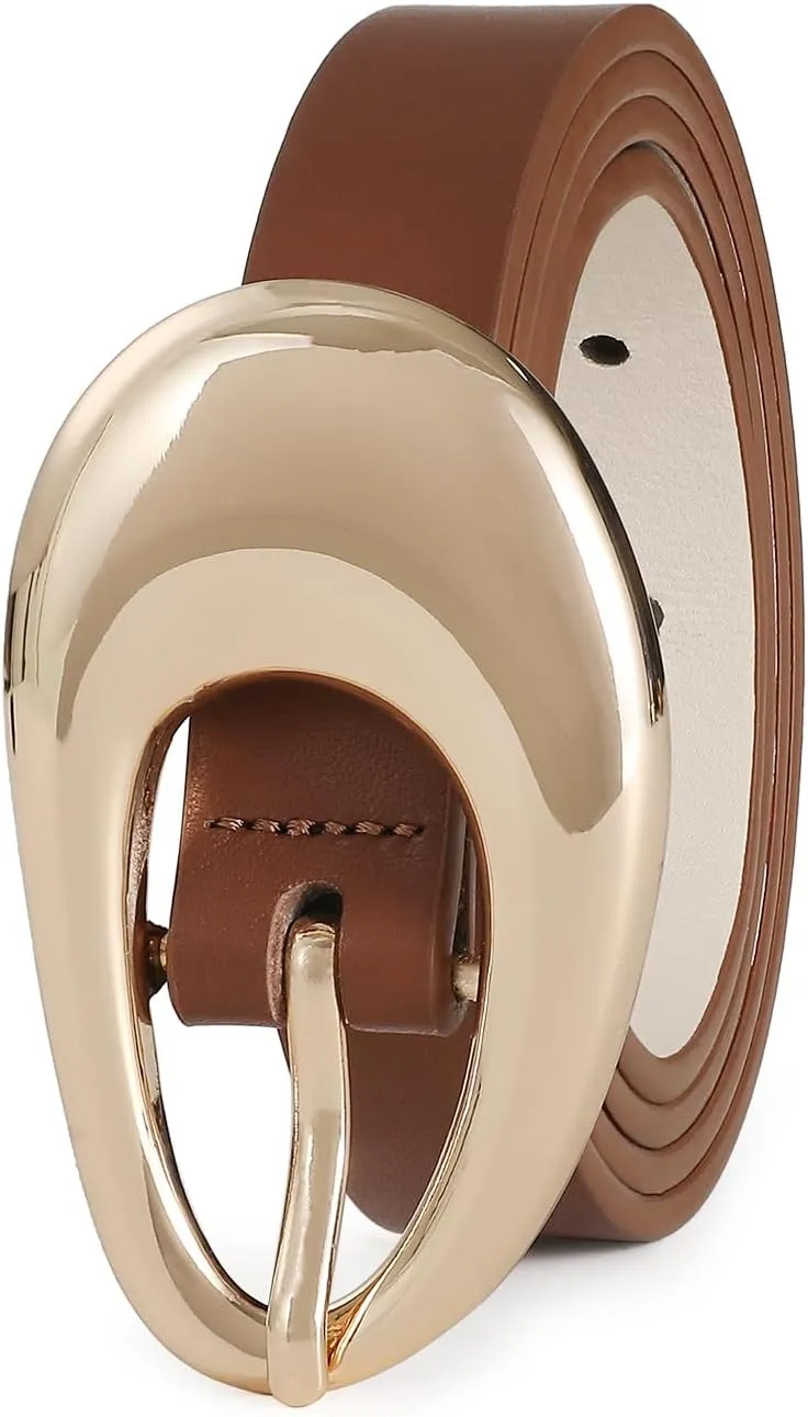 Genuine Leather Belt for Women Brown Leather With Smooth Oval Gold Metal Buckle Luxury Casual Fashion Belts