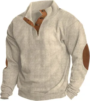 GIERIDUC Mens Corduroy Shirts Casual Lapel Collar Button Up Patchwork Pullover Mock Neck Long Sleeve Sweaters Polo Sweatshirt