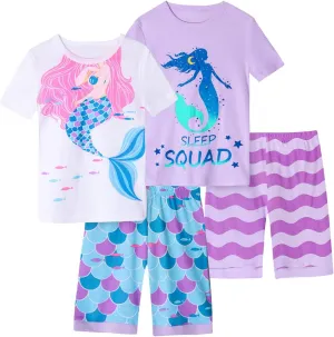 Girls Pajama Set, 4-Piece Cotton Pajamas Short Summer PJs Kids Sleepwear