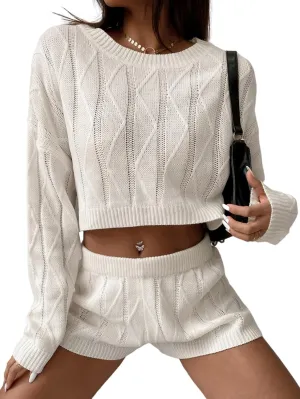 GORGLITTER Women's 2 Piece Sweatsuit Long Sleeve Cable Knit Crop Tops Sweater and Shorts Lounge Sets