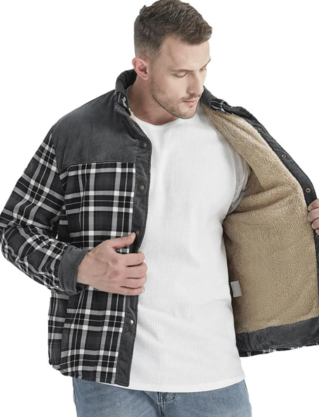 Haellun Men's Long Sleeve Sherpa Lined Shirt Jacket Flannel Plaid Fleece Coats