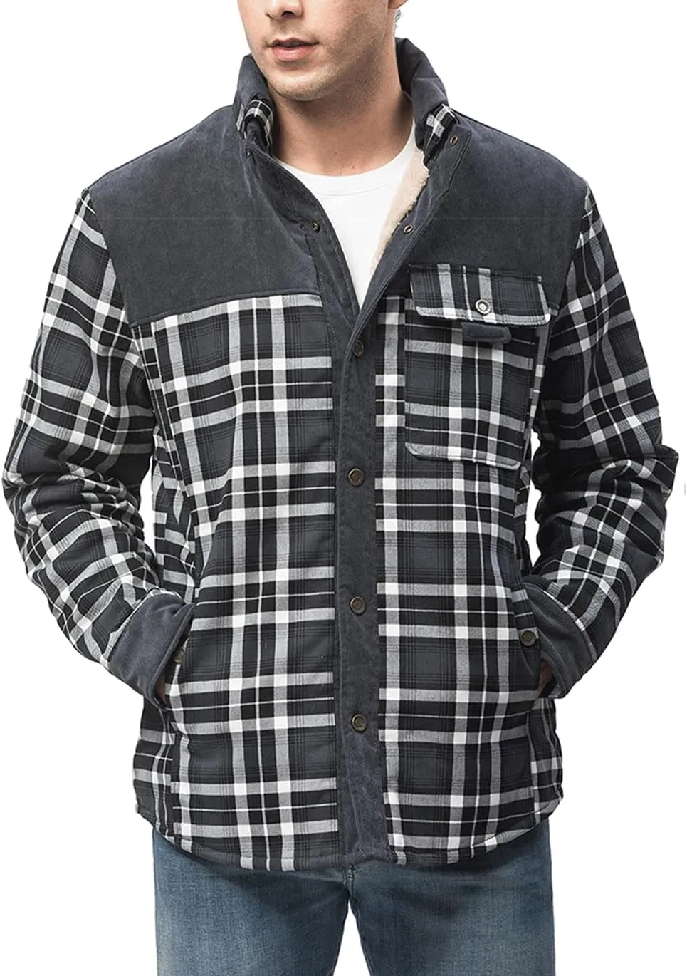 Haellun Men's Long Sleeve Sherpa Lined Shirt Jacket Flannel Plaid Fleece Coats