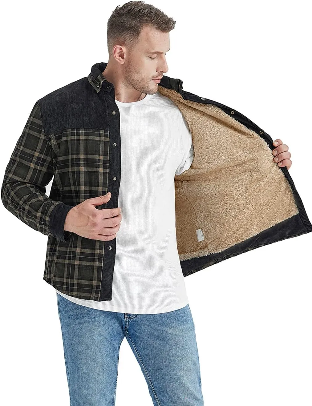 Haellun Men's Long Sleeve Sherpa Lined Shirt Jacket Flannel Plaid Fleece Coats