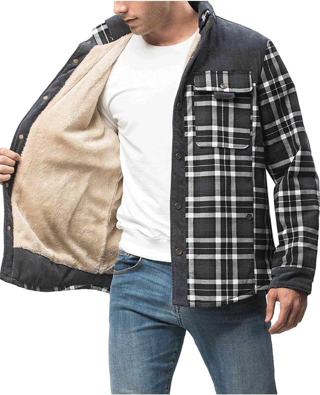 Haellun Men's Long Sleeve Sherpa Lined Shirt Jacket Flannel Plaid Fleece Coats