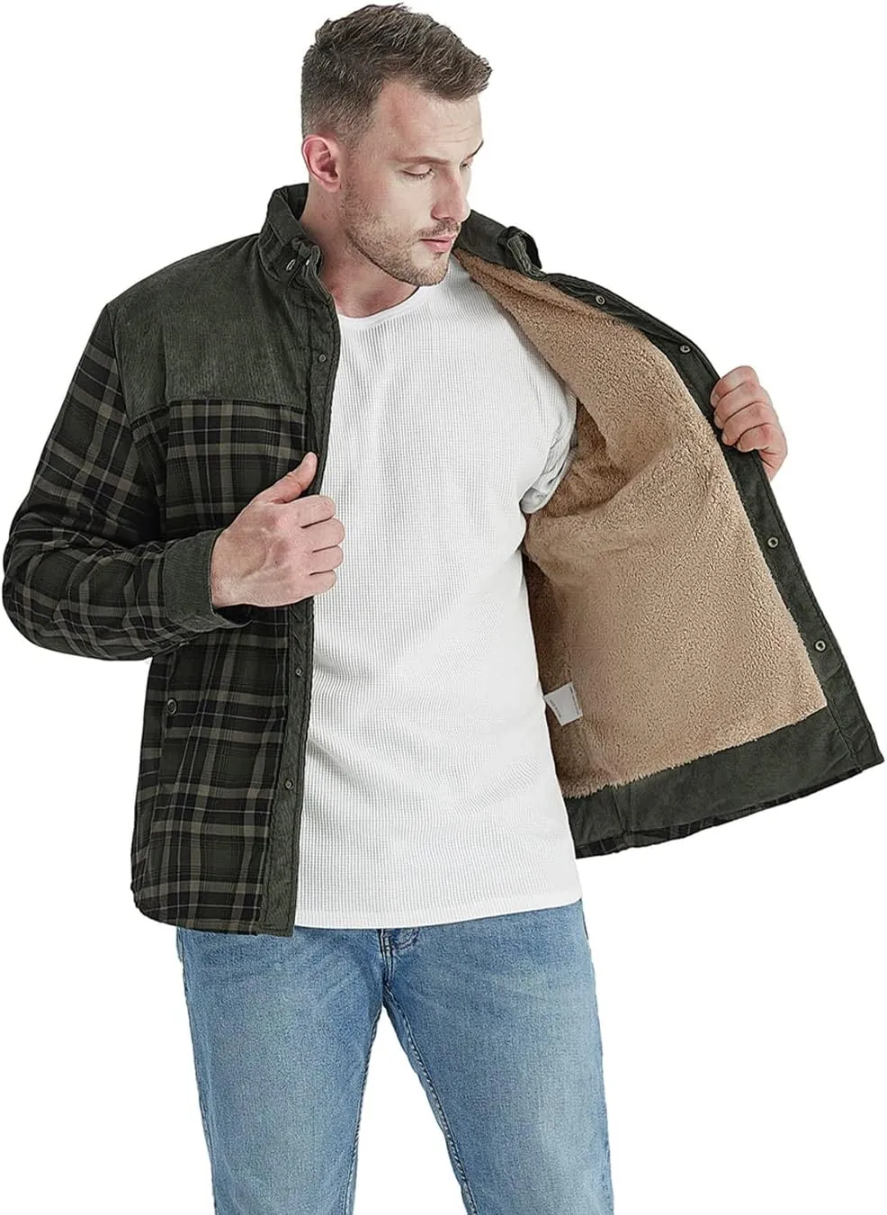 Haellun Men's Long Sleeve Sherpa Lined Shirt Jacket Flannel Plaid Fleece Coats