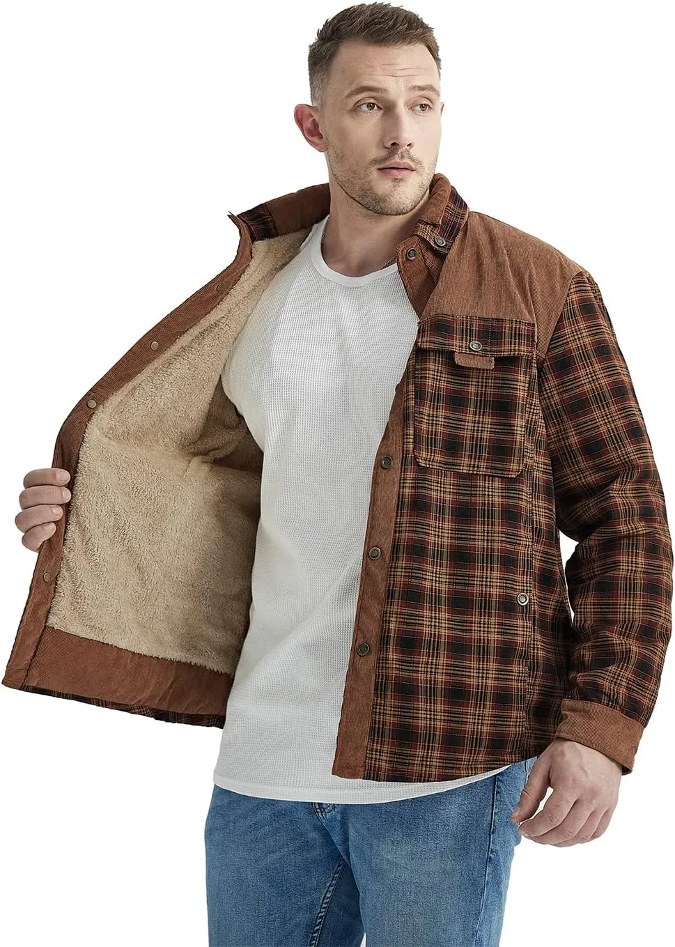 Haellun Men's Long Sleeve Sherpa Lined Shirt Jacket Flannel Plaid Fleece Coats