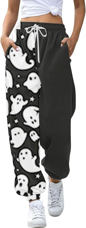 Halloween Ghost Print Sweatpants Women Baggy Joggers for Women High Waisted Cinch Bottom Pants with Pockets