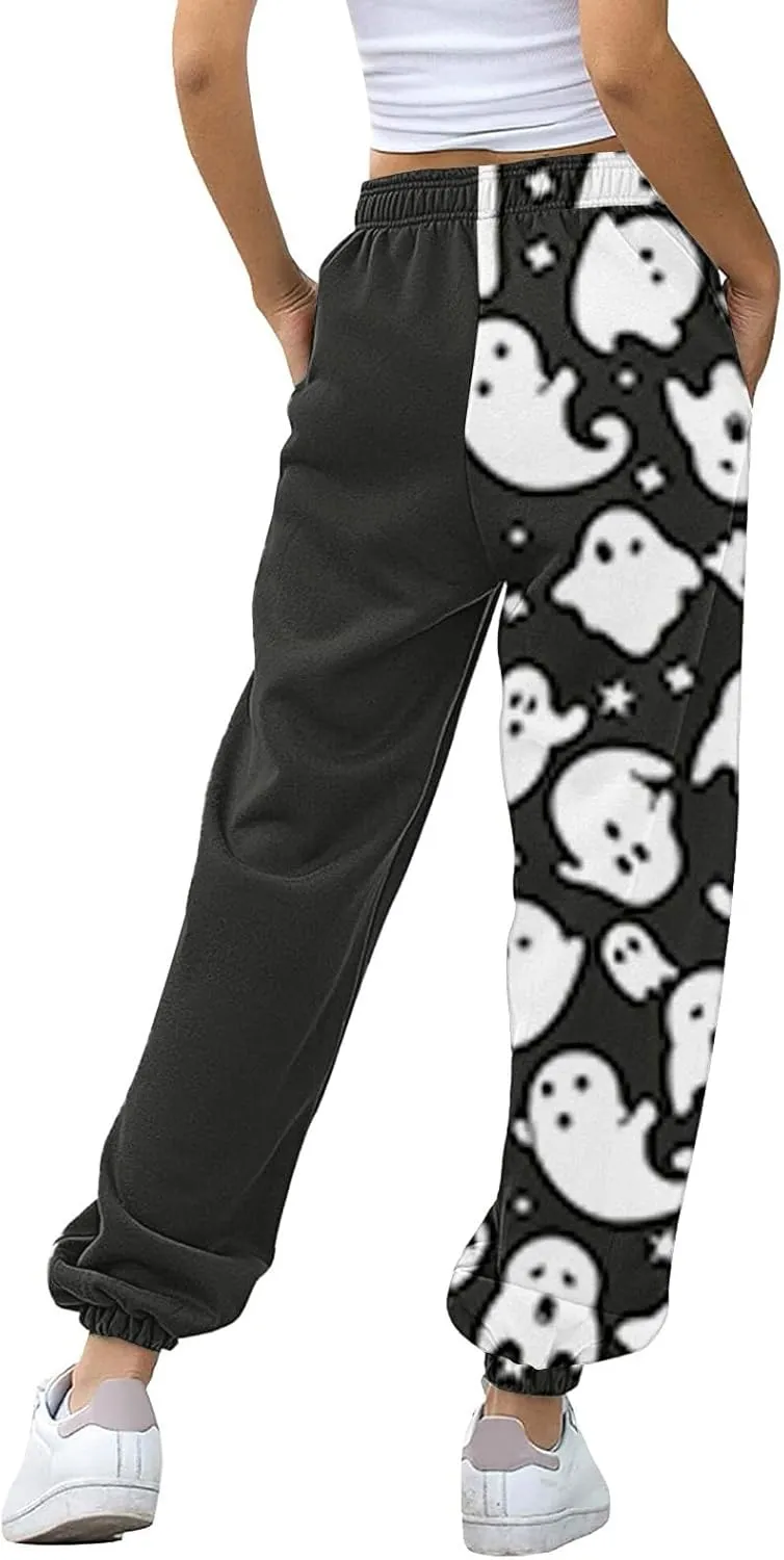 Halloween Ghost Print Sweatpants Women Baggy Joggers for Women High Waisted Cinch Bottom Pants with Pockets