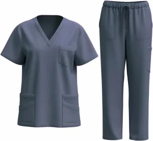 HGps8w Scrubs for Women Sets Nursing Uniform - Stretch V-Neck Top & Cargo Pants Short Sleeve Workwear with Pockets