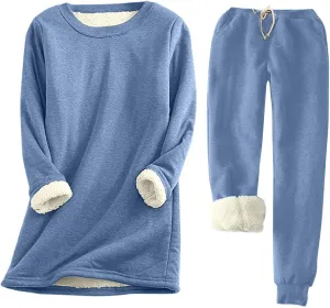 hlysgo 2 Piece Lounge Set Women Casual Loose Fit Long Sleeve Sherpa Fleece Lined Pullover Tops and Pants Winter Warm Set