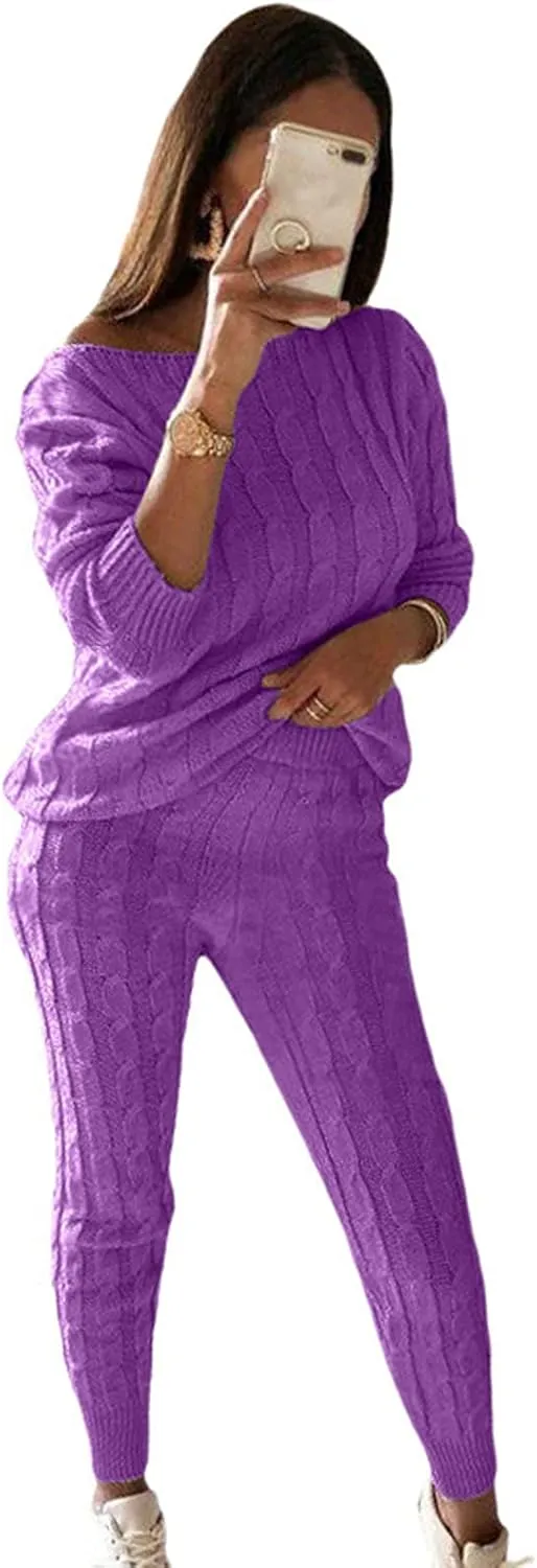 hlysgo Women Cable Knitted 2 Pieces Outfits Chunky Long Sleeve Sweater Pullover Top and Pants Winter Plus Size Lounge Sets