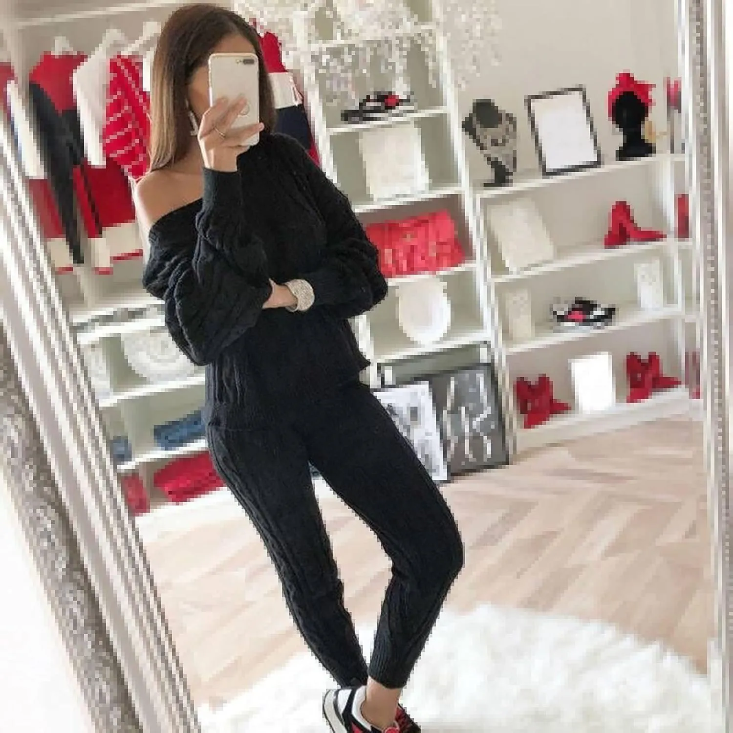 hlysgo Women Cable Knitted 2 Pieces Outfits Chunky Long Sleeve Sweater Pullover Top and Pants Winter Plus Size Lounge Sets