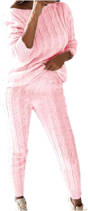 hlysgo Women Cable Knitted 2 Pieces Outfits Chunky Long Sleeve Sweater Pullover Top and Pants Winter Plus Size Lounge Sets