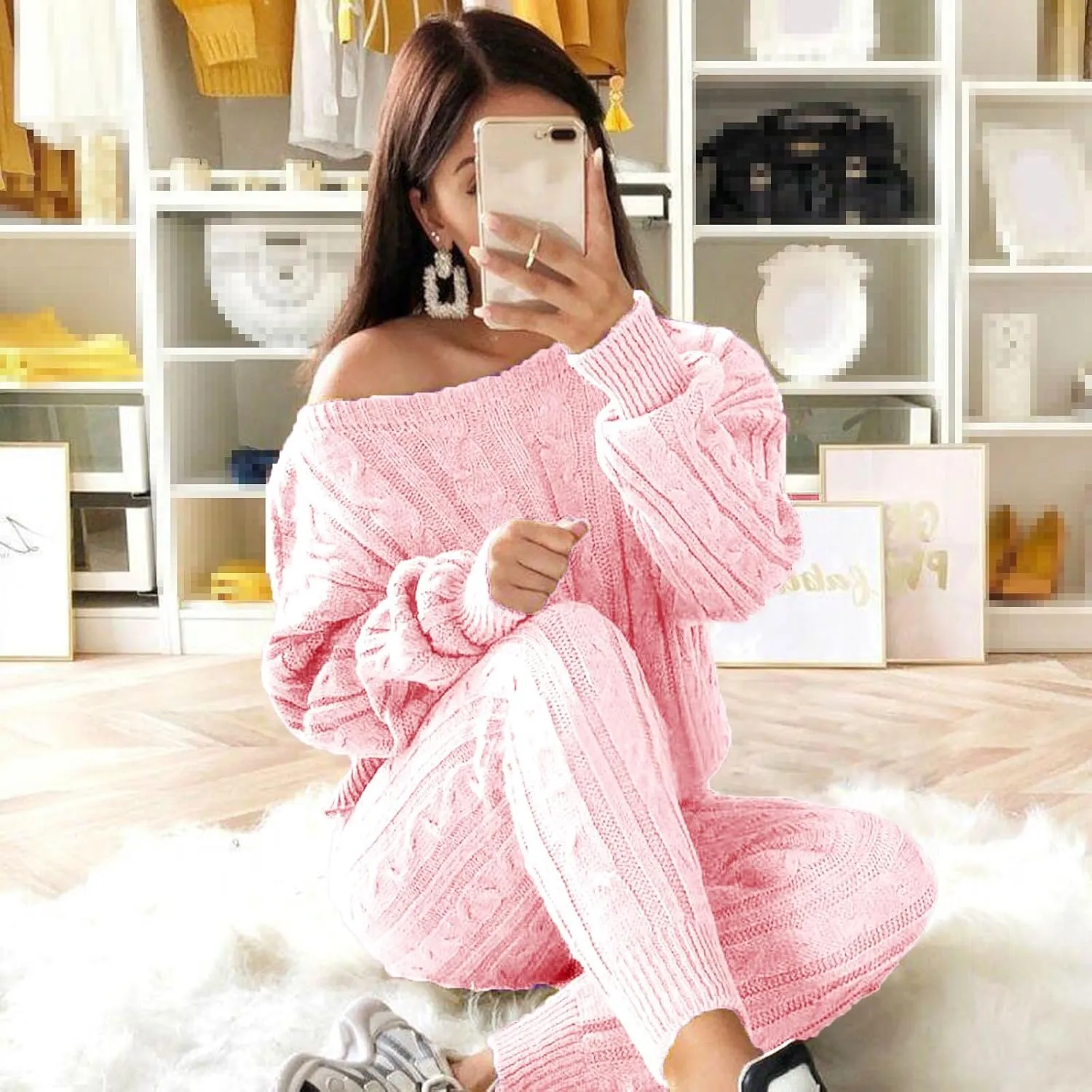 hlysgo Women Cable Knitted 2 Pieces Outfits Chunky Long Sleeve Sweater Pullover Top and Pants Winter Plus Size Lounge Sets