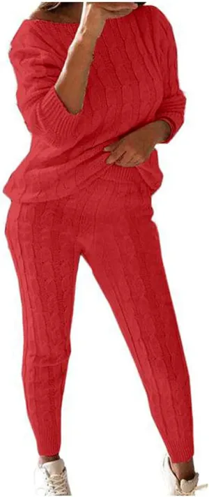 hlysgo Women Cable Knitted 2 Pieces Outfits Chunky Long Sleeve Sweater Pullover Top and Pants Winter Plus Size Lounge Sets
