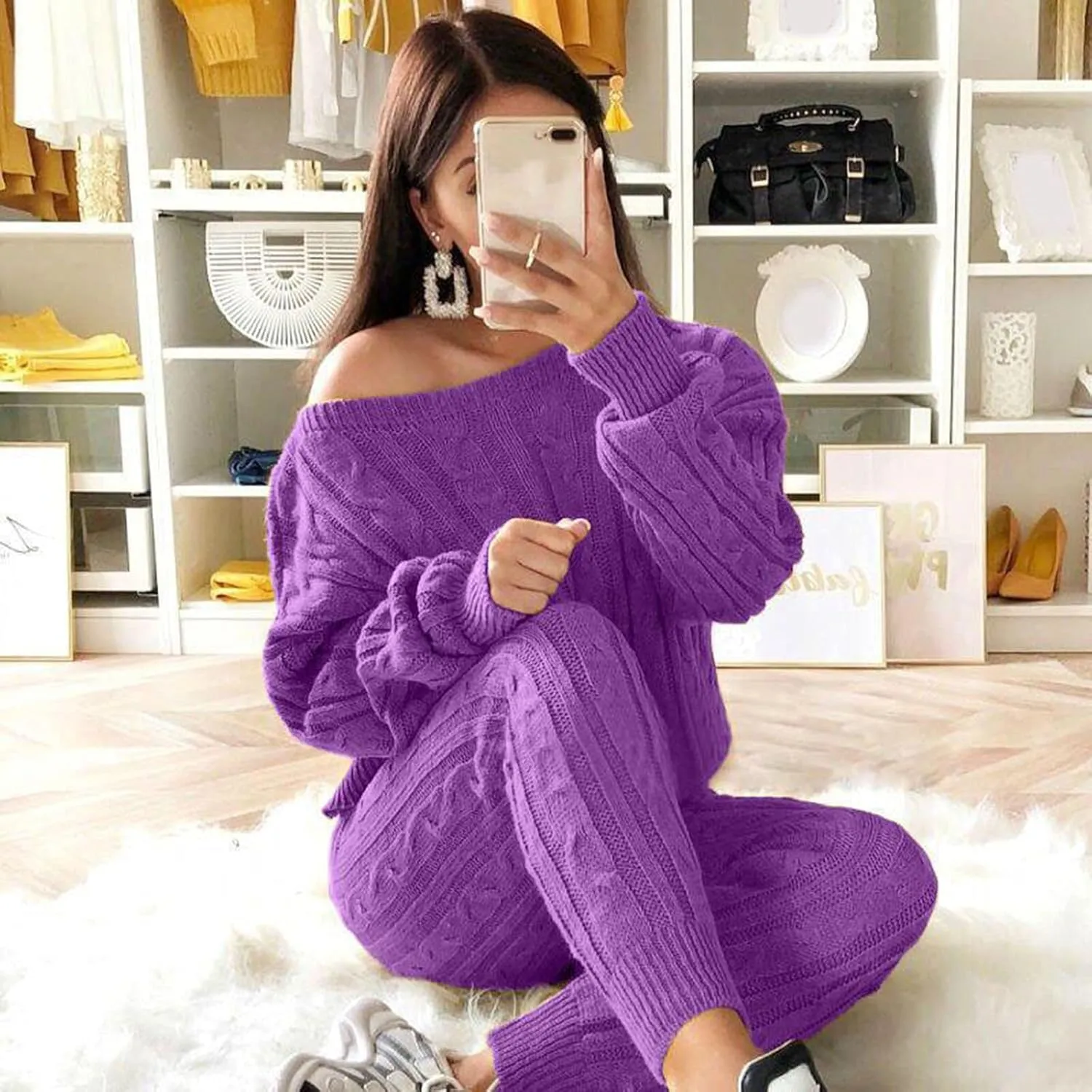 hlysgo Women Cable Knitted 2 Pieces Outfits Chunky Long Sleeve Sweater Pullover Top and Pants Winter Plus Size Lounge Sets